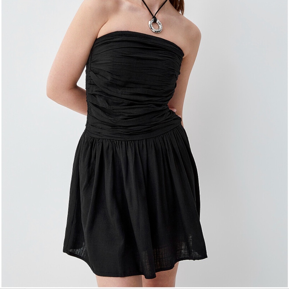 Black linen blend corset like tube short dress with removable straps NWT